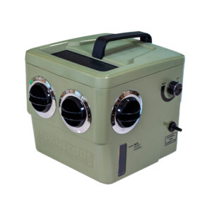 Transcool E3 12V portable air cooler in khaki for RVs, camping, and van life